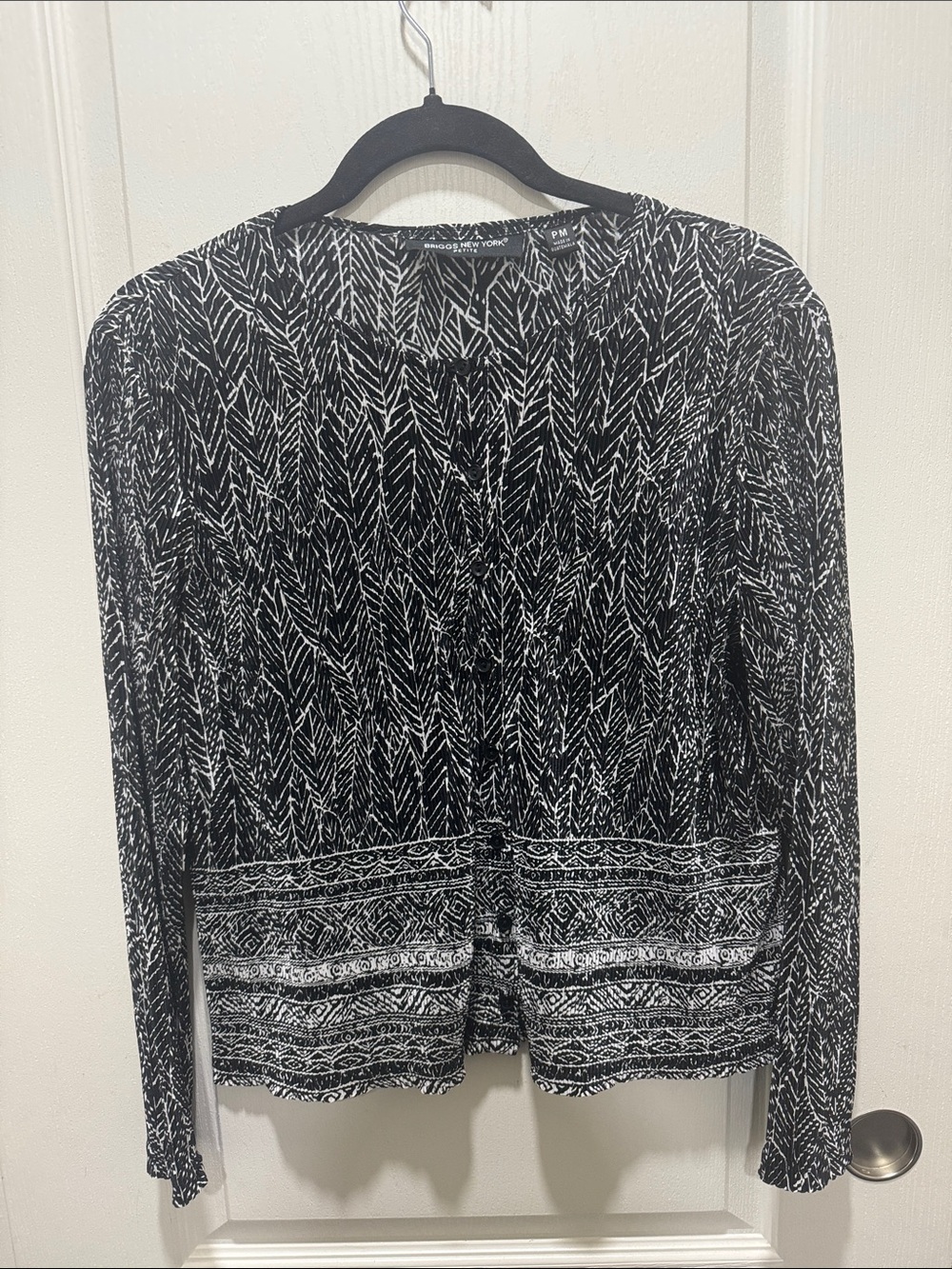 Briggs New York Petite Black White Print Blouse MP Button Front Career